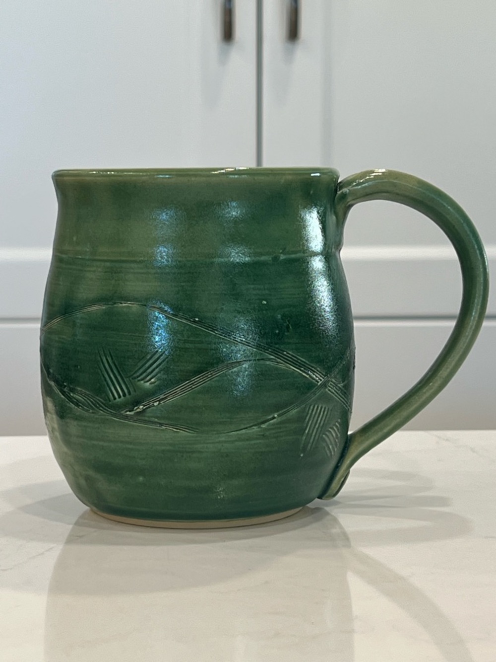 Signed Studio Art Pottery Mug - Handmade Green Glazed Ceramic
